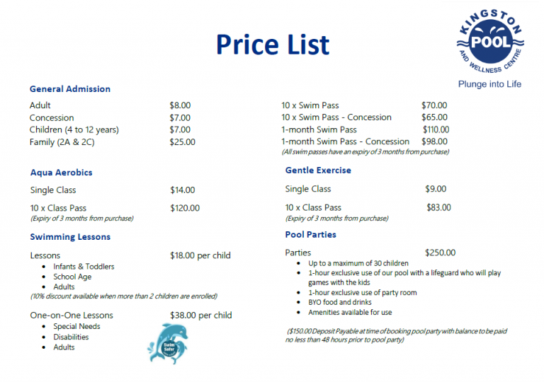 Events Timetable Kingston Pool and Wellness Centre