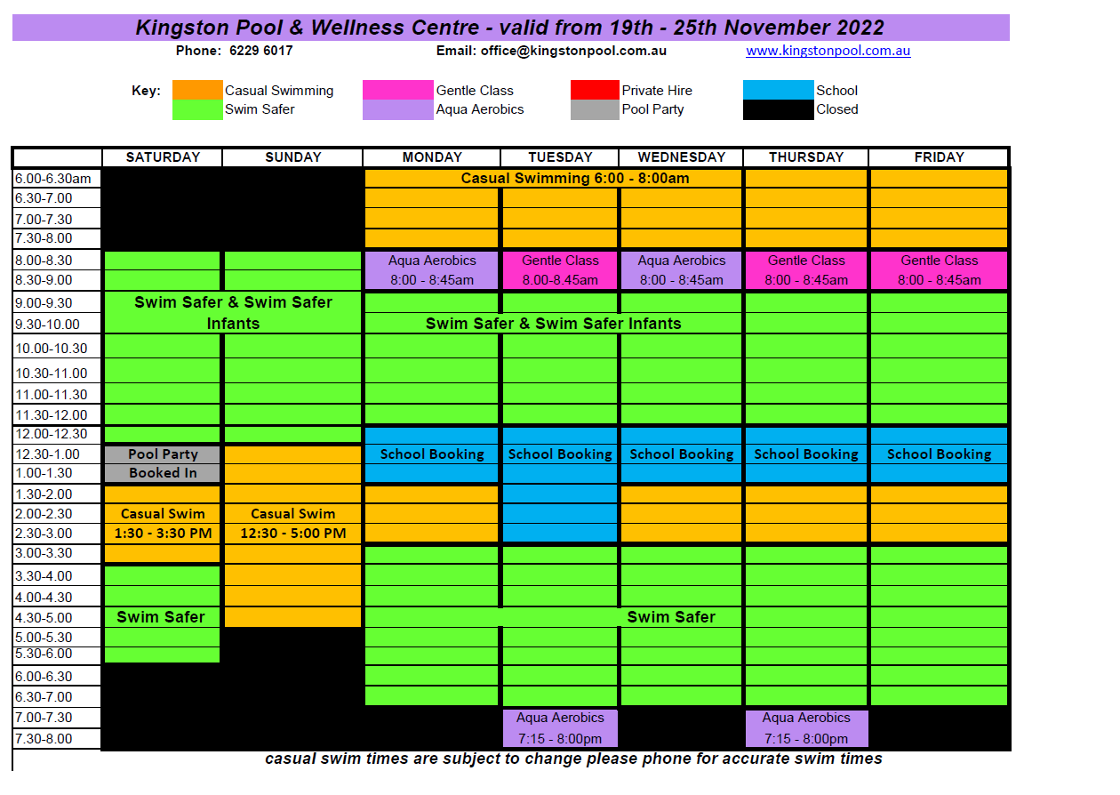 Events Timetable – Kingston Pool and Wellness Centre