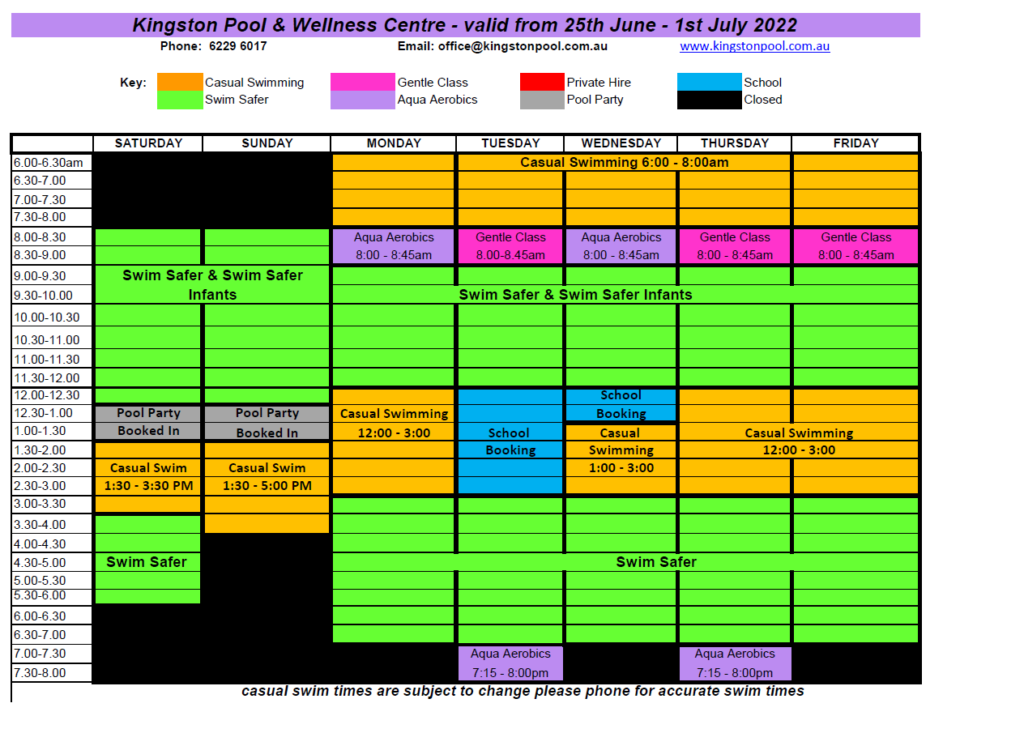 Events Timetable – Kingston Pool and Wellness Centre